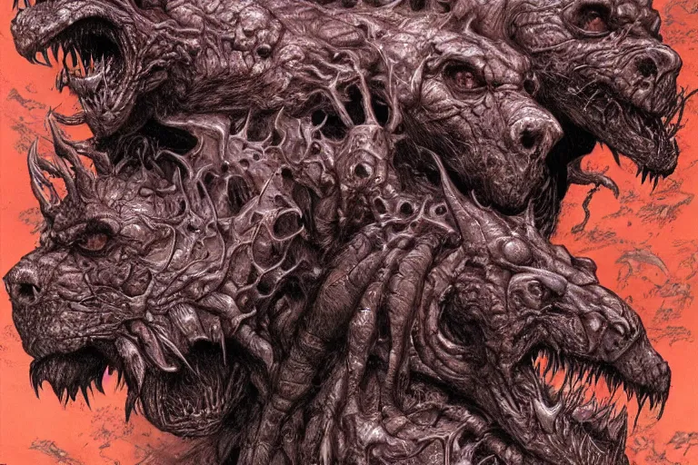 Prompt: cerberus hyperdetailed photo of a cerberus by ed binkley, wayne barlowe, alex horley, johfra bosschart, craig mullins, three head one body, cerberus, details