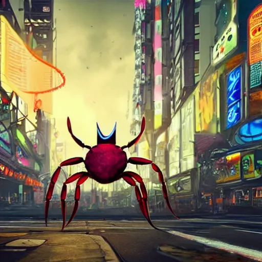 Prompt: a gigantic crab wears a crown roaming in a cyberpunk city, ultrarealistic