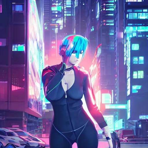 Image similar to hyper realistic photograph portrait of cyberpunk hot pretty girl with blue hair, wearing a full leather outfit, cyber implants, in city street at night, by makoto shinkai, ilya kuvshinov, lois van baarle, rossdraws, basquiat