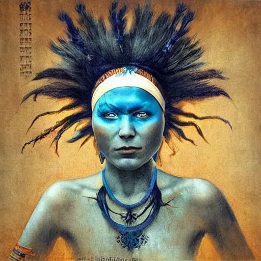 Image similar to A young blindfolded shaman woman with a decorated headband, in the style of heilung, blue hair dreadlocks and wood on her head., made by karol bak