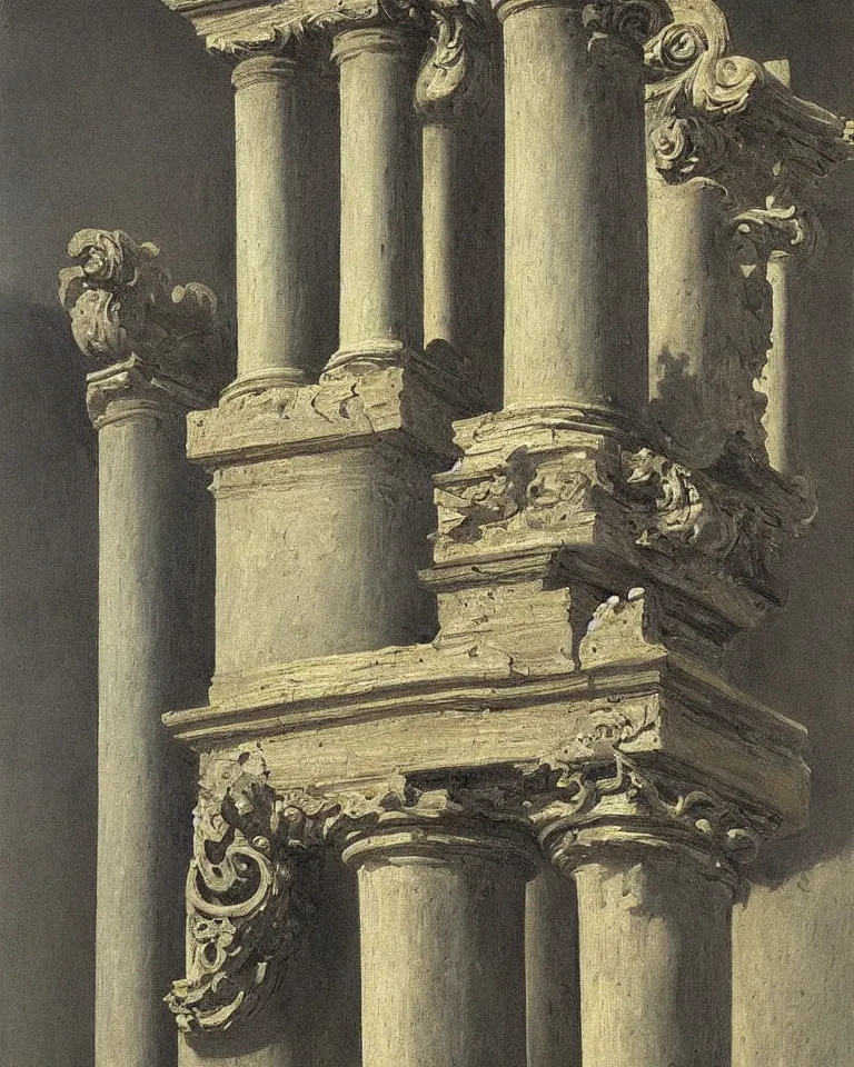 Image similar to achingly beautiful painting of intricate ancient roman corinthian capital on black background by rene magritte, monet, and turner. giovanni battista piranesi.