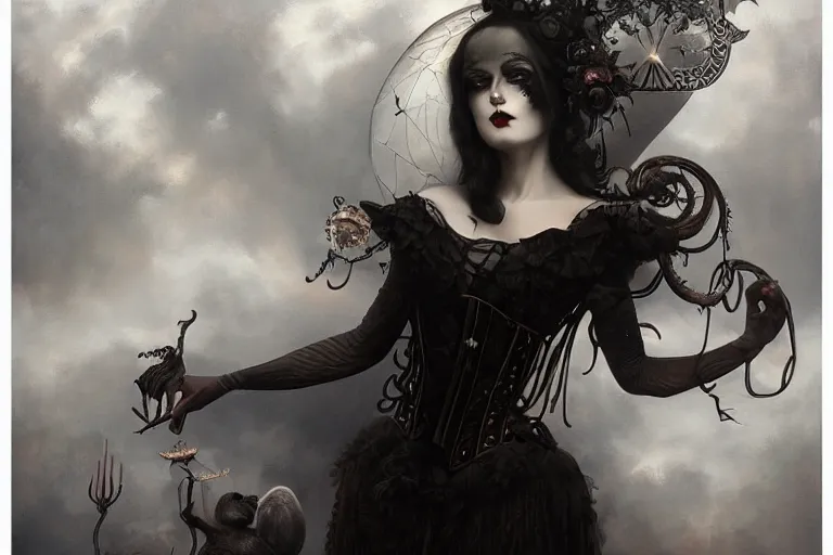 Image similar to By Tom Bagshaw, ultra realist soft painting of curiosities carnival by night, eyes shut very beautiful horn single female gothic wearing corset , symmetry accurate features, very intricate details, omnious sky, black and white, volumetric light clouds