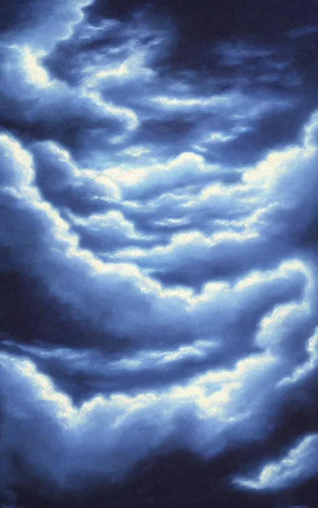 Image similar to blue and white night dramatic clouds over black background, airbrush fantasy 80s, realistic detailed