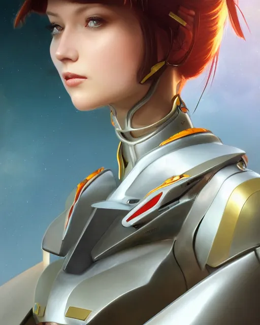 Image similar to beautiful delicate imaginative streamlined elegant futuristic close up portrait of a soldier female sitting with elegant deadly looks, mecha neon genesis evangelion armor with gold linings by ruan jia, tom bagshaw, alphonse mucha, futuristic buildings in the background, epic sky, vray render, artstation, deviantart, pinterest, 5 0 0 px models