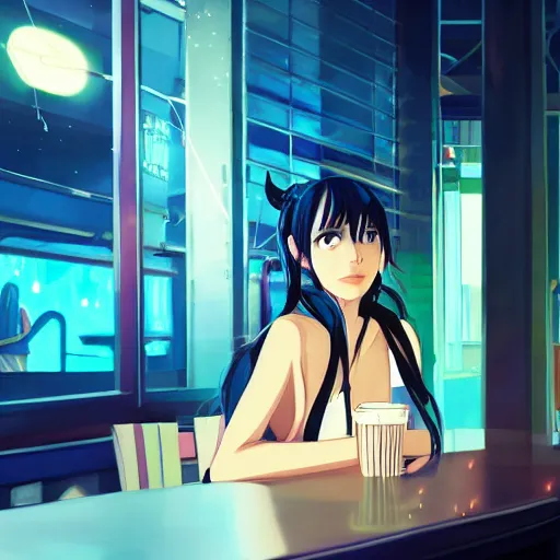 Prompt: beautiful anime painting of a woman with dark - blue hair sitting in a cyberpunk cafe, neon lights outside, by makoto shinkai, kimi no na wa, artstation, atmospheric, high detail