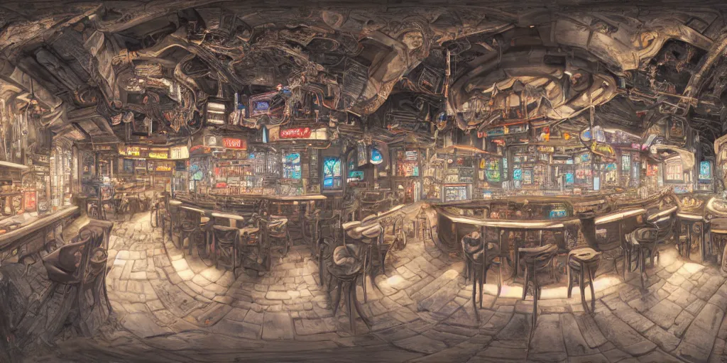 Image similar to Highly detailed realistic photo of interior design in style of minimalism by Hiromasa Ogura and Josan Gonzalez of detailed cyberpunk tavern with stone walls and neon lights, a lot of electronics and people, many details. Natural white sunlight from the transperient roof. Panorama on 360 degrees Rendered in 32K in VRAY and DaVinci Resolve and MAXWELL and LUMION 3D, Volumetric natural light