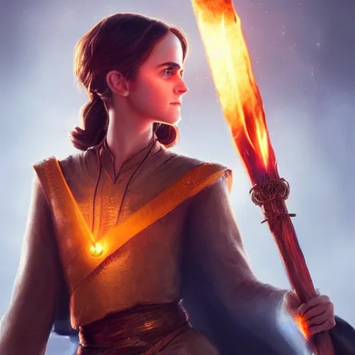 Prompt: Emma Watson wearing lavish medieval tunic holding a glowing fire magical staff. Trending on Artstation, octane render, ultra detailed, art by Ross tran