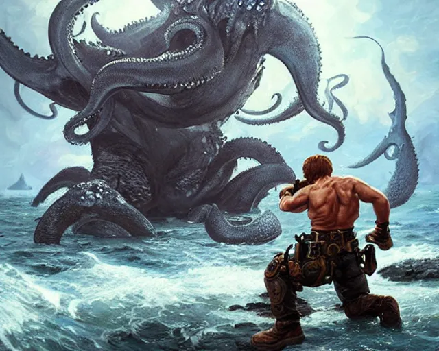 Image similar to chuck norris fighting the kraken with explosive punches, photography of kurzgesagt, deep focus, d & d, fantasy, intricate, elegant, highly detailed, digital painting, artstation, concept art, matte, sharp focus, illustration, hearthstone, art by artgerm and greg rutkowski and alphonse mucha