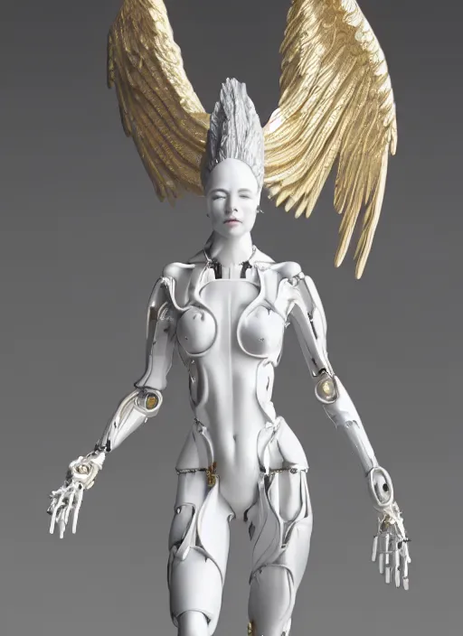 Image similar to a statue made of white marble with gold veins, of an gorgeous futuristic cybernetic angel girl, prostheses, transhumanism, full body shot, perfect symmetrical body, perfect symmetrical face, hyper realistic, hyper detailed, by johannen voss, by peter kemp, by monia merlo, by michelangelo, octane render, blender, 8 k