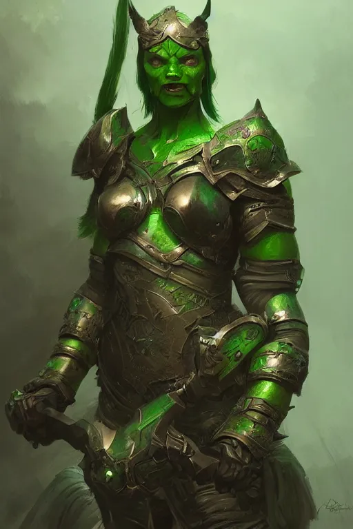 Prompt: green human faced orc female, vibrant green tone beautiful face, plated armor intricate, elegant, highly detailed, trending on artstation, by ilja repin by greg rutkowski, digital painting