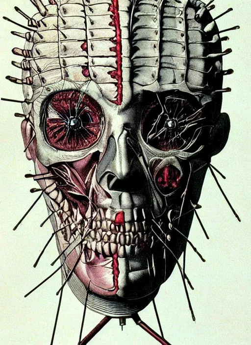 Prompt: vintage medical anatomical illustration of pinhead from hellraiser ( 1 9 8 6 ), highly detailed, labels, intricate writing