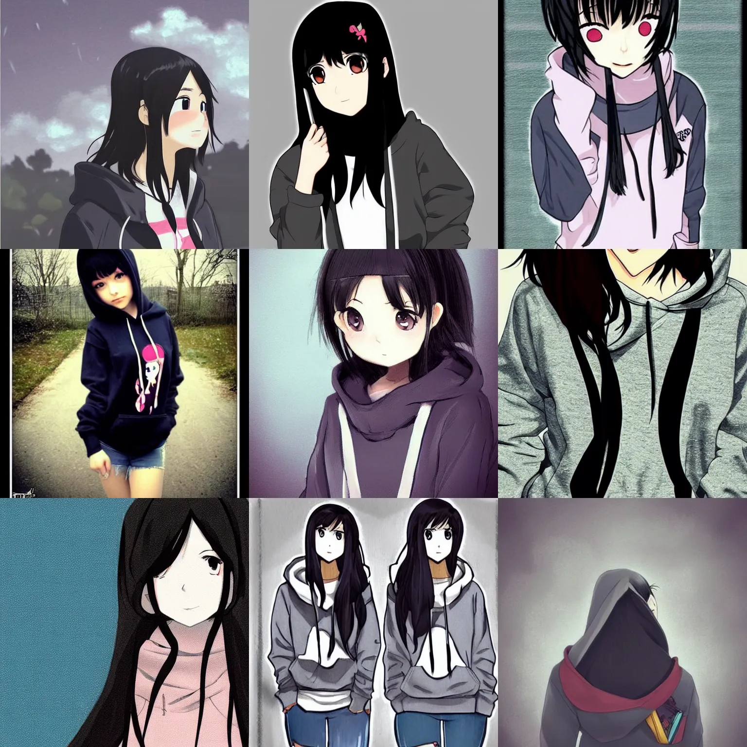 Prompt: black haired girl wearing hoodie, anime, pinterest