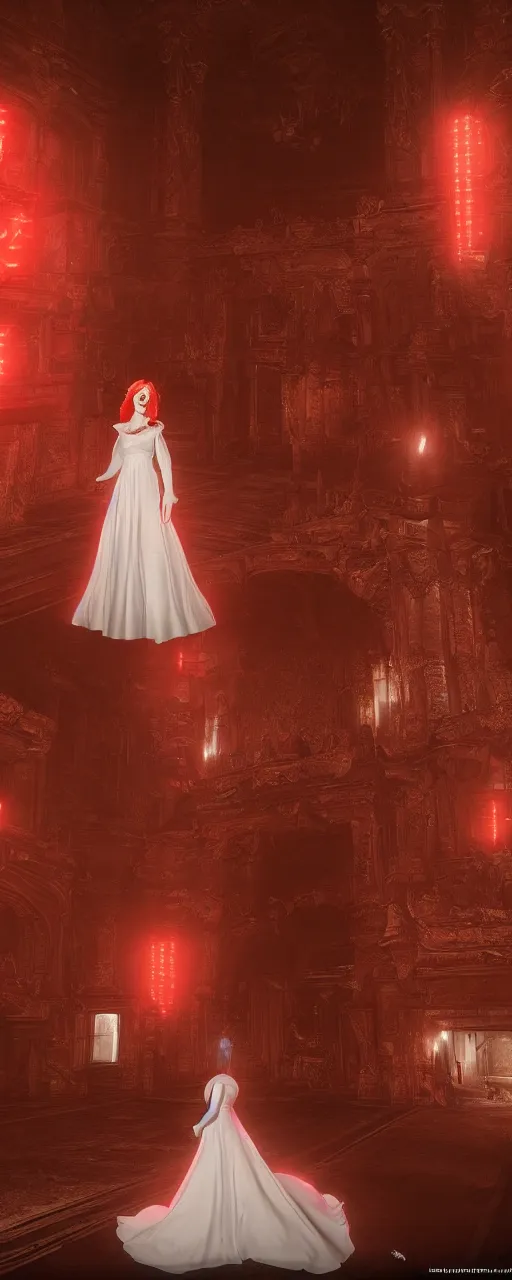 Prompt: woman with red hair and white gown stands in the middle of the castle room emitting a red light. Octane Render, Unreal engine, Realism, Detailed, 8k, V-Ray