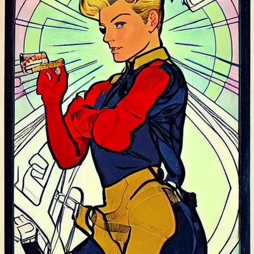 Prompt: a stoic heroic butch tomboy dirty injured blonde emotionless woman engineer, with very short slicked - back hair. she is dressed as a spaceship mechanic. well composed, clean elegant painting, beautiful detailed face. comic book art by steve ditko and jack kirby and ( alphonse mucha )