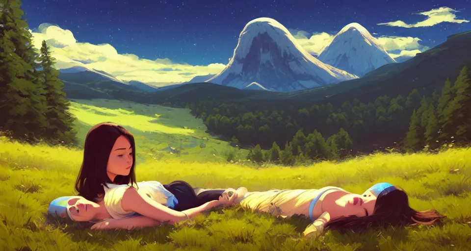 Image similar to a minion napping in a field behind a beautiful mountain landscape, night setting. realistic shaded lighting poster by ilya kuvshinov katsuhiro, magali villeneuve, artgerm, jeremy lipkin and michael garmash, rob rey and kentaro miura style, trending on art station