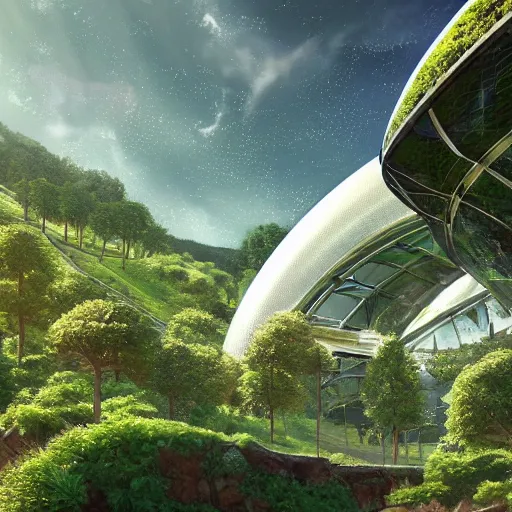 Image similar to vertical farms and white sci - fi dome in a steep sided valley with trees, a sense of hope and optimism, hyper realistic, high res, 4 k, warm light, edouard groult, bynde, kirill leonov