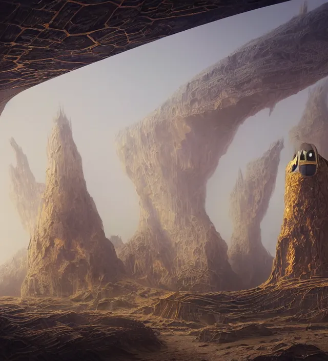 Prompt: an anthropomorphic beautiful ultradetailed giant spaceship park in a desert, gold, mist, fog, dungeon temple gate, fine art, award winning, intricate, elegant, sharp focus, octane render, hyperrealistic, cinematic lighting, highly detailed, digital painting, 8 k concept art, art by jamie hewlett and chris foss, masterpiece, trending on artstation, 8 k