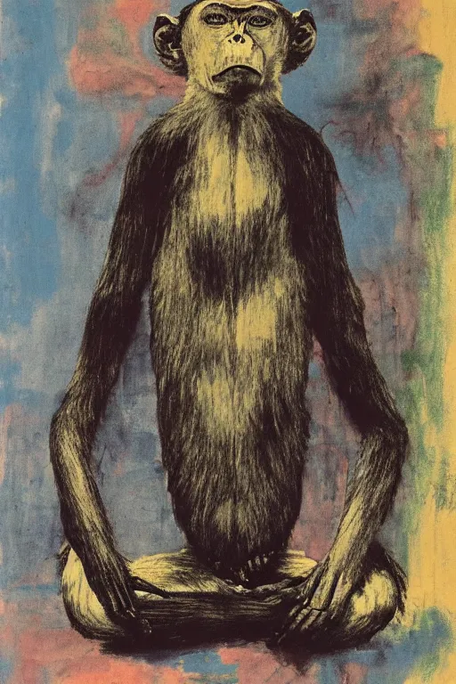 Prompt: meditating monkey in the lotus position painted by cy twombly and andy warhol