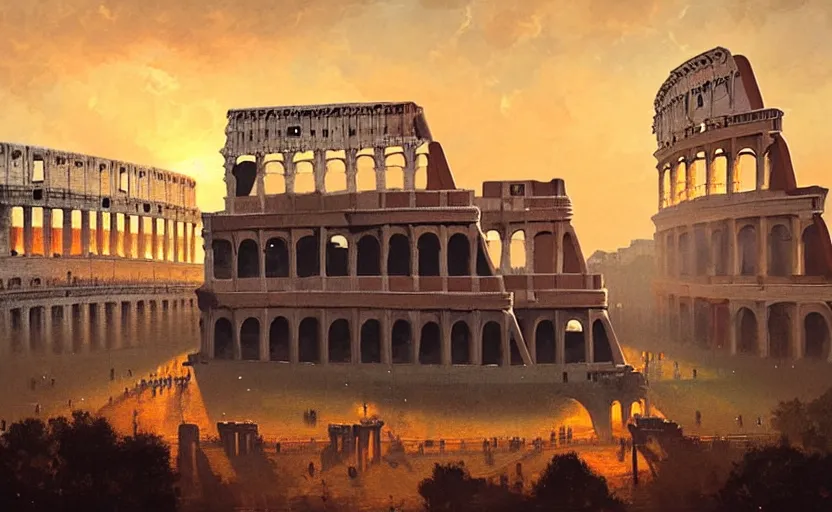 Prompt: painting of skyline of rome colloseum at sunset, natural light, concept art, by greg rutkowski, cozy atmospheric and cinematic lighting