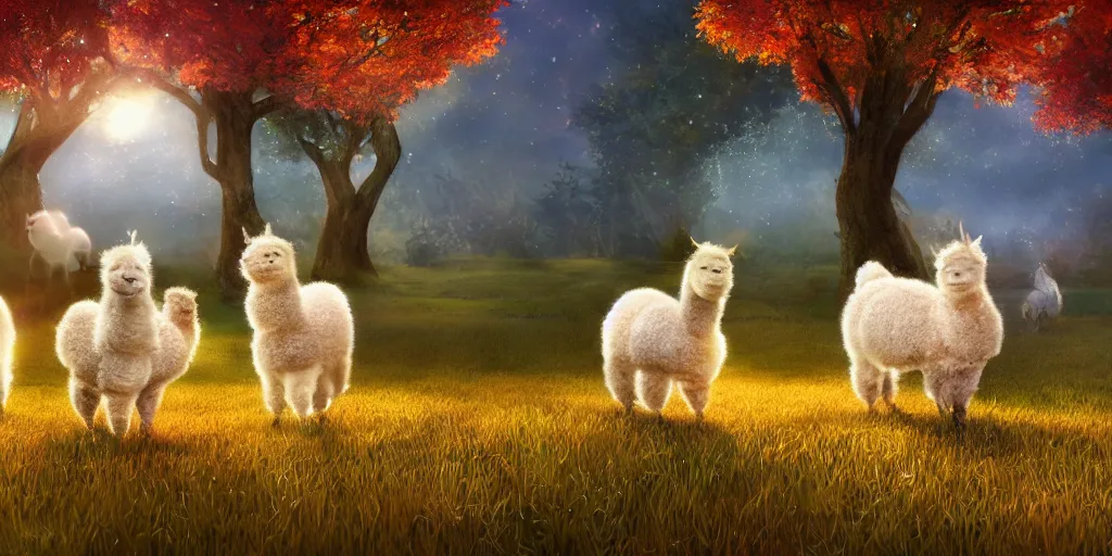 Image similar to magical fairy alpacas frolicking in a field, autumn, sparkles, light beams, photorealistic, hyperrealistic, fantasy, 8 k, trending on artstation