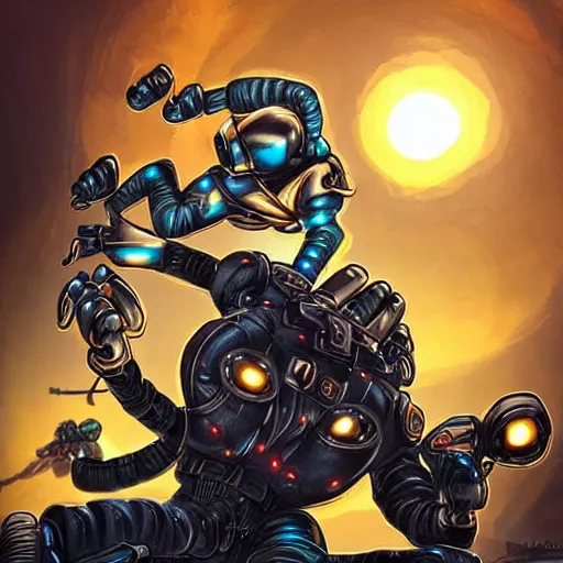 Prompt: combat ninja cyborgs combat in cybercity, golden hour, art by craola, highly detailed