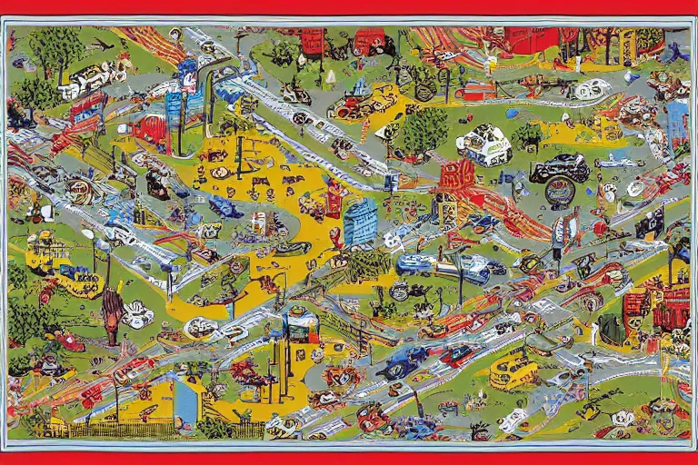 Image similar to an elaborate kids road map carpet rug, detailed, penned illustrations, by wes anderson and geoff darrow!!!!!