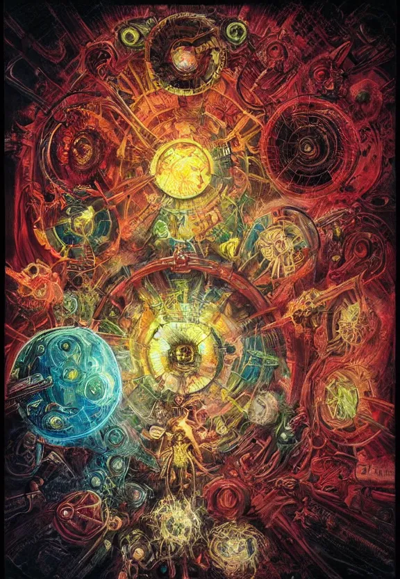 Image similar to colorful medical equipment, cameras, radiating, blood mandala, portal, minimalist environment, by ryan stegman and hr giger and esao andrews and maria sibylla merian eugene delacroix, gustave dore, thomas moran, the movie the thing, pop art, biopunk, i'm the style of piet bill sienkiewicz