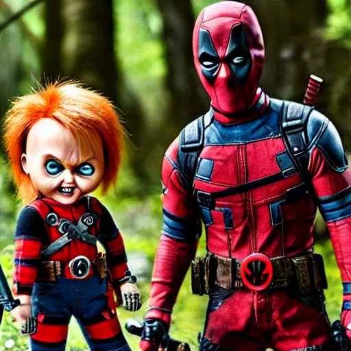 Prompt: chucky the doll and deadpool in the woods together 4 k detailed super realistic