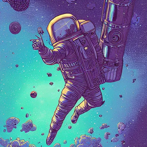 Prompt: astronaut falling on a nebula llustrated by laurie greasley, dan mumford, peter mohrbacher, hyper detailed, trending on cg society, crisp