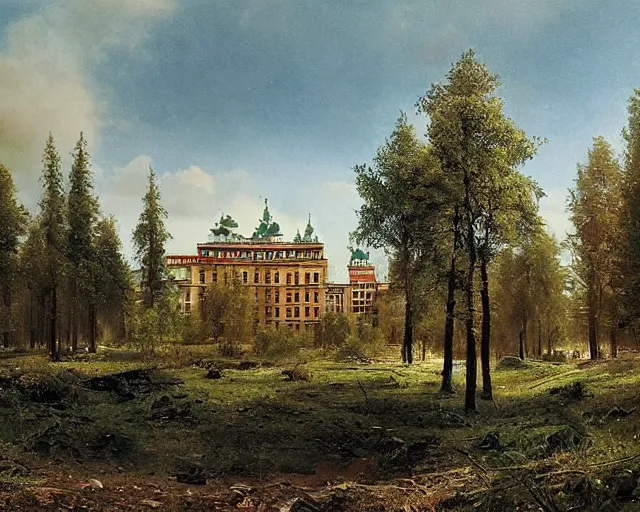 Image similar to beautiful matte painting of cute soviet block of flats hrushevka in end of forest by ivan shishkin