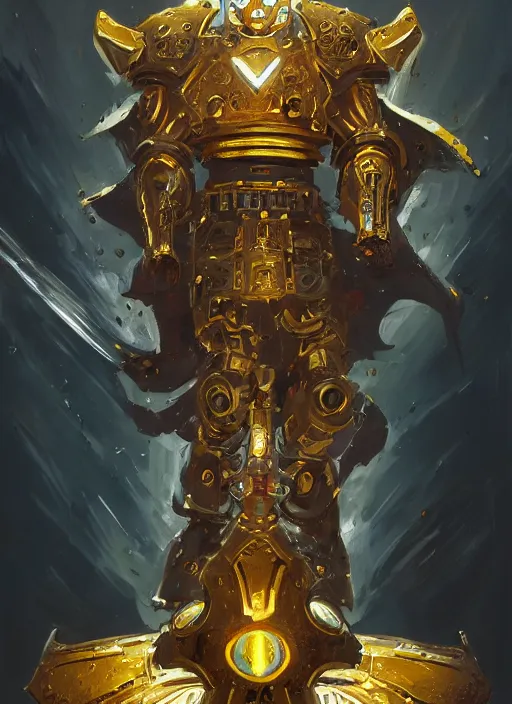 Image similar to full body, attack position abstract painting of a intricate ornate holy mechanical warforged with circular glowing eye, character in yellow armor holding a legendary paladin engraved holy great longsword and carrying a huge heavy paladin shield, vertically flat head, face in focus, epic , trending on ArtStation, masterpiece, cinematic lighting, by Ross Tran and by Greg Rutkowski