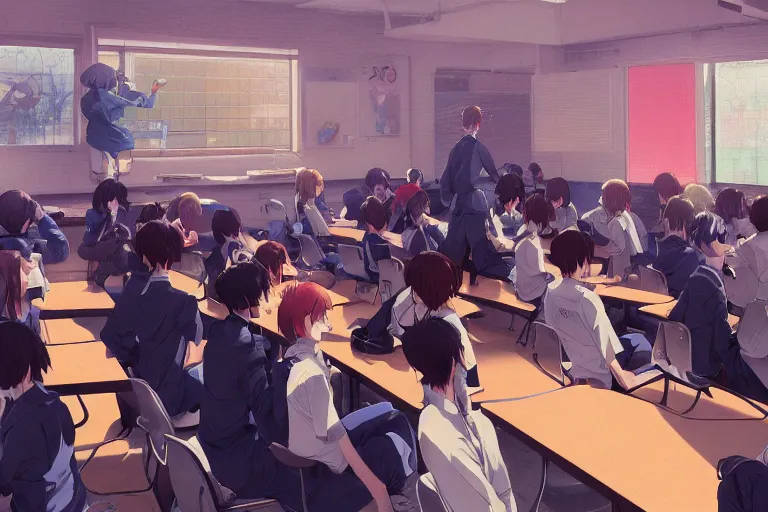 Prompt: anime modern high school classroom in winter, expert high detail concept art, perfect proportions defined faces character design tall handsome, vivid colors, photorealistic shaded lighting poster ilya kuvshinov, katsuhiro, jeremy lipkin and michael germash, makoto shinkai, wlop loish and clamp style, trending on art station, best selling artist