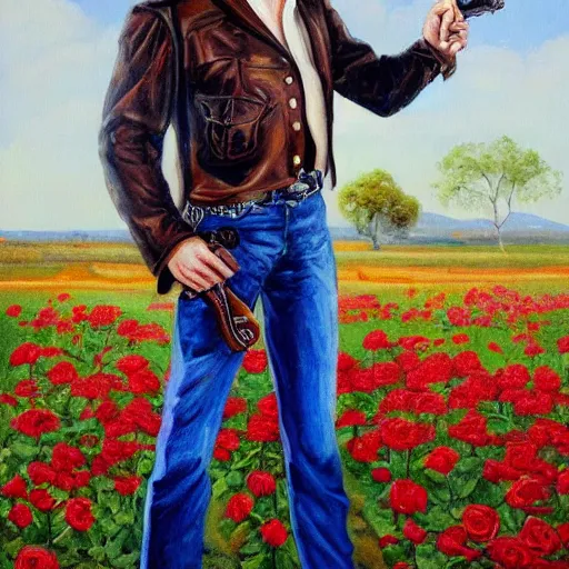 Image similar to a painting of a tall man with blue eyes that is wearing a cowboy hat and a leather vest. He is holding a revolver in his left hand and a rose is in his right hand. He is standing in a field of roses.