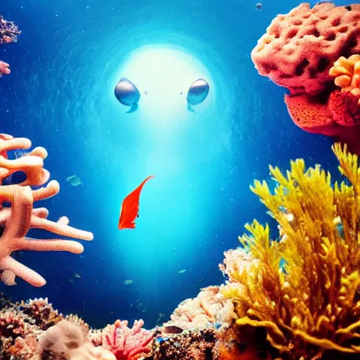 Image similar to photo of an extremely cute alien fish swimming an alien habitable underwater planet, coral reefs, dream - like atmosphere, water, plants, peaceful, serenity, calm ocean, tansparent water, reefs, fish, coral, inner peace, awareness, silence, nature, evolution