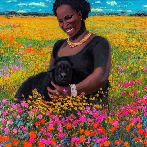 Prompt: a pregnant east african woman with her black puppy in a vast field of flowers, relaxing, wide shot, golden hour, vintage, impressionist painting, fine art, oil painting, dreamy, pastel, laughing, happy, intricate details, sharp, peaceful, serene