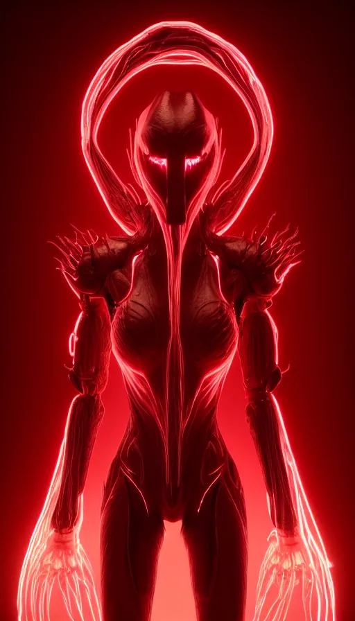 Image similar to stunning symmetric full body character image, woman, predator, Protoss, human, Tsutomu Nihei, 3d octane render, unreal engine, hyper realistic, realistic, white bone armor, soft illumination, human facial features, surrounded in red glowing tendrils of whispy smoke, trending artstation, 4K, insane