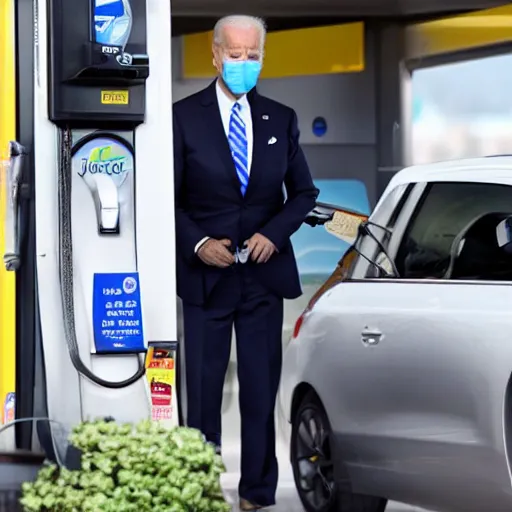 Image similar to joe biden at the gas station pumping gas into his mouth