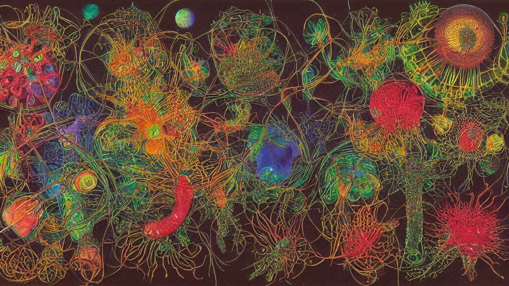 Image similar to quantum connections represented as symbiotic organisms like cells playing around with colorful lights by ernst haeckel