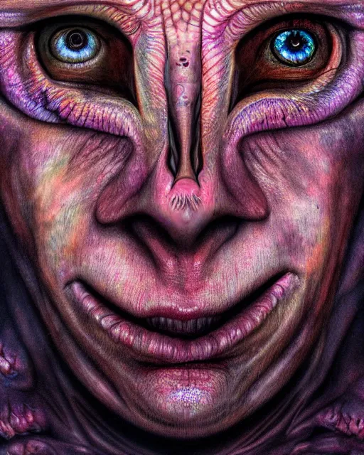 Image similar to realistic portrait of a creature experiment gone wrong, psychedelic, dark art, facing camera, photo realistic, detailed, 1 4 5 0, delicate, hyper realism, ultra realistic, 8 k