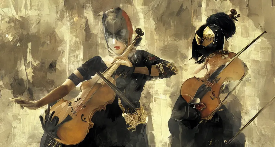 Image similar to craig mullins and ghibli digital art of a masked female play violin on the stage ， exotic costumes, gold jewelry, black hair, realistic shading, cinematic composition, realistic render, octane render, detailed textures, photorealistic