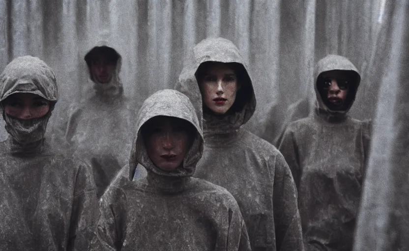 Image similar to cinestill 5 0 d photographic portrait by helen levitt of a group of diverse android women wearing rugged black mesh techwear in a foggy cement maze, extreme closeup, modern cyberpunk, dust storm, 8 k, hd, high resolution, 3 5 mm, f / 3 2, ultra realistic faces, intricate detail, ex machina