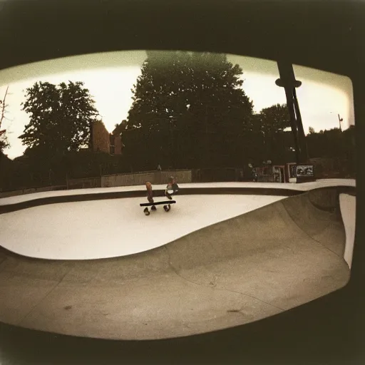 Prompt: a 1 9 9 0's photograph of a skatepark in a small town at dusk, polaroid, candid photography