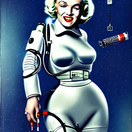 Prompt: marilyn monroe in a cybernetic spacesuit, cigarette dangling, grenade in hand, by pascal blanche, ultradetailed, 8 k