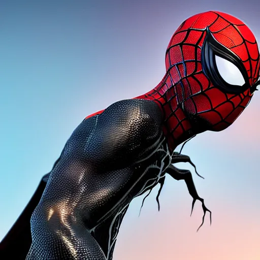 Image similar to a single venom and spider - man hybrid, dslr, cinematic, volumetric lighting, 8 k resolution, photorealistic