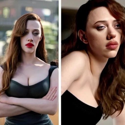 Image similar to a woman who is a genetic combination of kat dennings and scarlett johansson face and upper - body focus