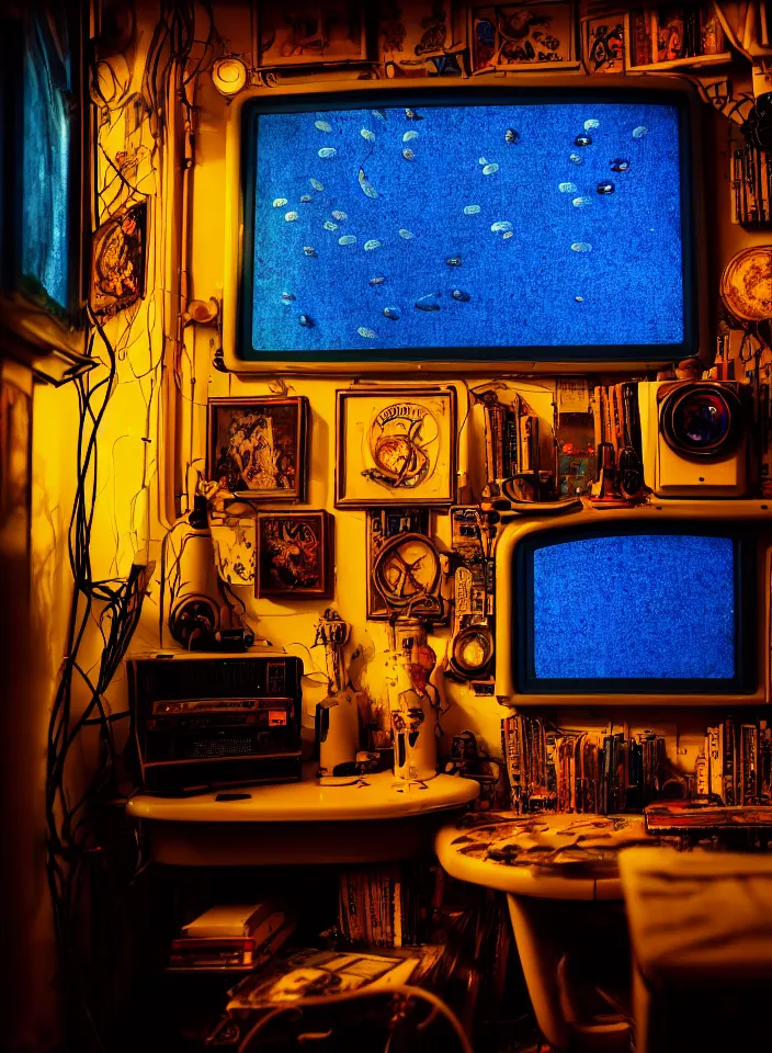 Prompt: telephoto 7 0 mm f / 2. 8 iso 2 0 0 photograph depicting the feeling of chrysalism in a cosy cluttered french sci - fi ( ( art nouveau ) ) cyberpunk apartment in a dreamstate art cinema style. ( ( computer screens, sink ( ( ( fish tank ) ) ) ) ), ambient light.