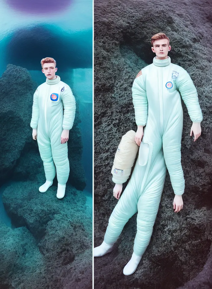 Image similar to high quality pastel coloured film portrait photograph of a beautiful young 2 0 year old male, soft features, short hair, wearing perspex space suit and oversized inflated clothing!! icelandic black rock pool environment. atmospheric three point light. photographic. art directed. ( pastel colours ). volumetric. clearcoat. waves. 8 k. filmic.