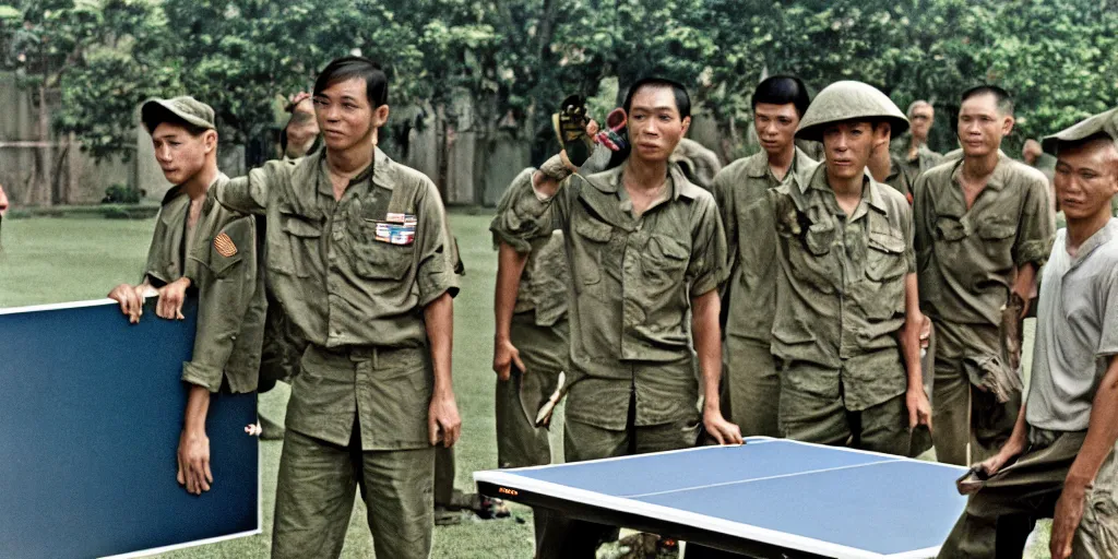 Image similar to u. s. soldiers in vietnam war, u. s. soldiers playing ping - pong on the base, portrait closeup, face closeup, coloured film photography, ken burns photography, lynn novick photography