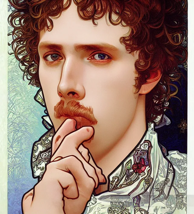 Prompt: detailed closeup portrait of napoleon dynamite by alphonse mucha, ayami kojima, yoshitaka amano