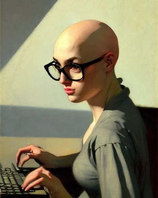 Prompt: a bald hacker with painted nails and glasses at the computer. fantasy art by greg rutkowski, gustave courbet, rosa bonheur, edward hopper. faithfully depicted facial expression, perfect anatomy, sharp focus, global illumination, radiant light, detailed and intricate environment, trending on artstation